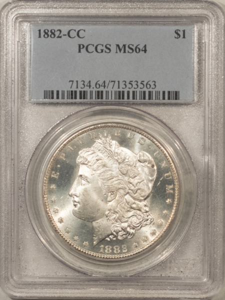 Dollars 1882-CC $1 MORGAN DOLLAR – PCGS MS-64, BLAST WHITE & PQ CARSON CITY!