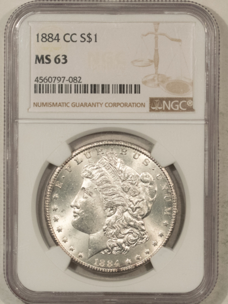 Dollars 1884-CC $1 MORGAN DOLLAR – NGC MS-63, BLAST WHITE CARSON CITY!