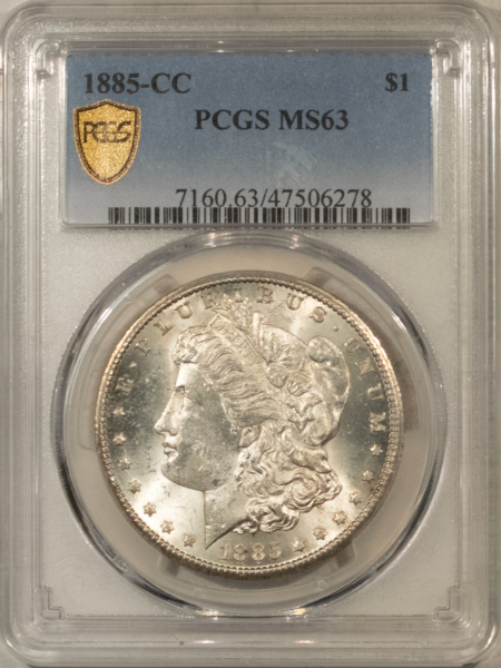 Dollars 1885-CC $1 MORGAN DOLLAR – PCGS MS-63, BLAST WHITE! CARSON CITY!