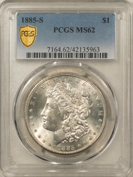 Dollars 1885-S $1 MORGAN DOLLAR – PCGS MS-62, BLAST WHITE & PREMIUM QUALITY!