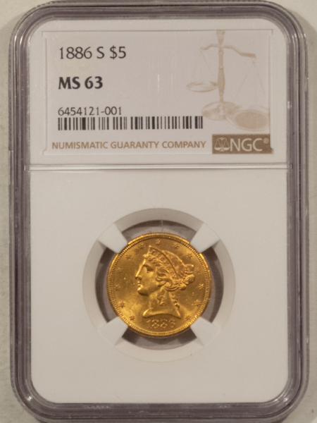 $5 1886-S $5 LIBERTY GOLD HALF EAGLE – NGC MS-63 PREMIUM QUALITY, NEAR GEM SURFACES