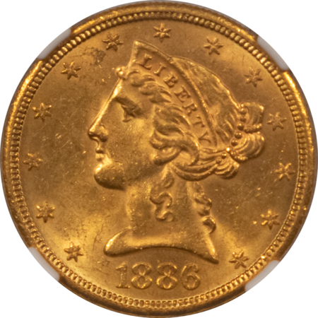 $5 1886-S $5 LIBERTY GOLD HALF EAGLE – NGC MS-63 PREMIUM QUALITY, NEAR GEM SURFACES
