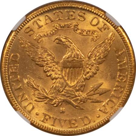 $5 1886-S $5 LIBERTY GOLD HALF EAGLE – NGC MS-63 PREMIUM QUALITY, NEAR GEM SURFACES