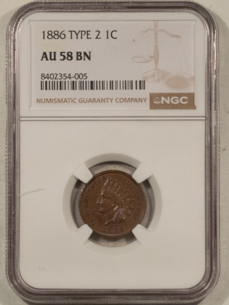 Indian 1886 TY 2 INDIAN CENT – NGC AU-58 BN, TOUGH!