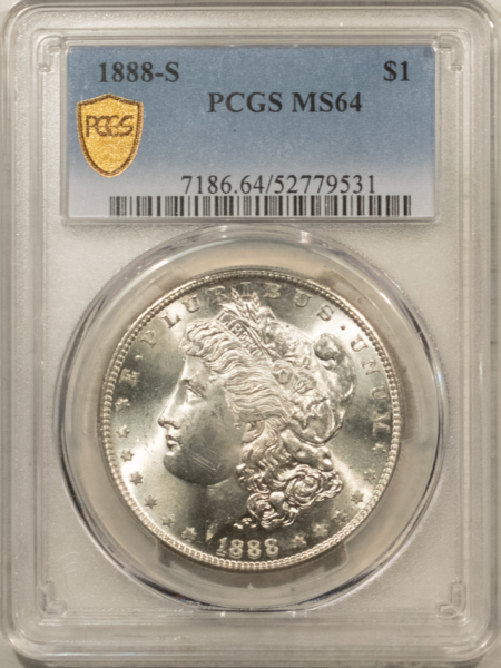 Dollars 1888-S $1 MORGAN DOLLAR – PCGS MS-64, FLASHY WHITE & SUPER PREMIUM QUALITY!