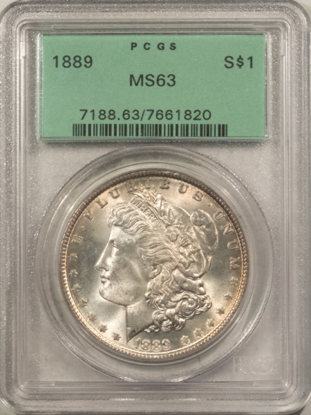Dollars 1889 $1 MORGAN DOLLAR – PCGS MS-63, OLD GREEN HOLDER, FRESH & PREMIUM QUALITY+!