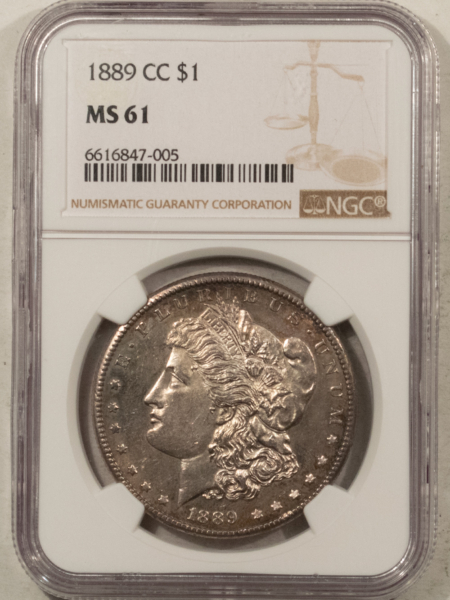 Dollars 1889-CC $1 MORGAN DOLLAR – NGC MS-61, SATINY & SEMI PL KEY, KING OF CARSON CITY
