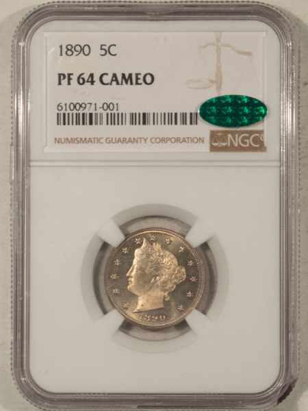 CAC Approved Coins 1890 PROOF LIBERTY NICKEL – NGC PF-64 CAMEO, CAC APPROVED, ATTRACTIVE & PQ!