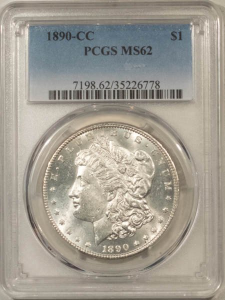 Dollars 1890-CC $1 MORGAN DOLLAR – PCGS MS-62, BLAST WHITE, CARSON CITY!