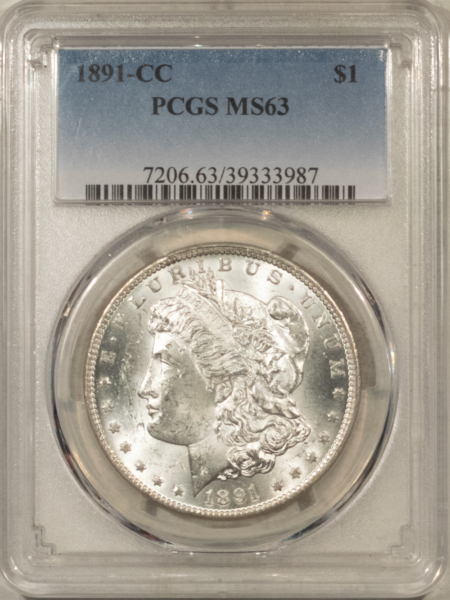 Dollars 1891-CC $1 MORGAN DOLLAR – PCGS MS-63, BLAST WHITE, CARSON CITY!