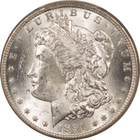 Dollars 1891-CC $1 MORGAN DOLLAR – PCGS MS-63, BLAST WHITE, CARSON CITY!