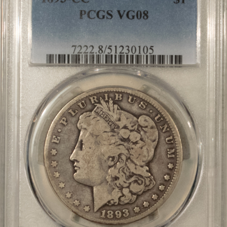 Dollars 1893-CC $1 MORGAN DOLLAR – PCGS VG-8, NICE ORIGINAL KEY CARSON CITY!