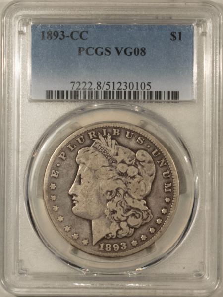 Dollars 1893-CC $1 MORGAN DOLLAR – PCGS VG-8, NICE ORIGINAL KEY CARSON CITY!