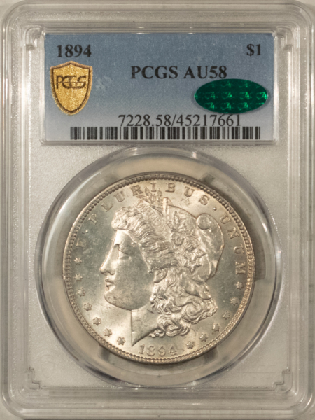 CAC Approved Coins 1894 $1 MORGAN DOLLAR – PCGS AU-58, CAC APPROVED, FRESH WHITE KEY-DATE, PQ+!