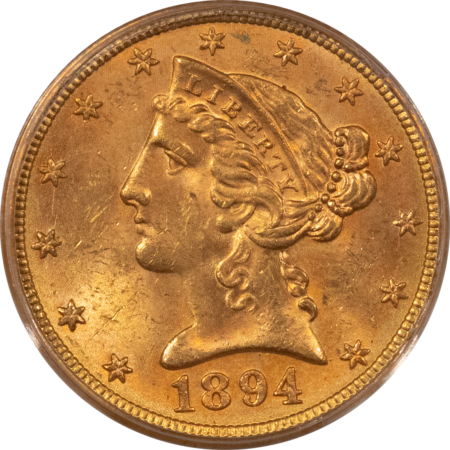$5 1894 $5 LIBERTY GOLD HALF EAGLE – PCGS MS-63, FRESH & PREMIUM QUALITY!