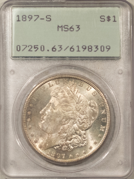 Dollars 1897-S $1 MORGAN DOLLAR – PCGS MS-63, RATTLER HOLDER