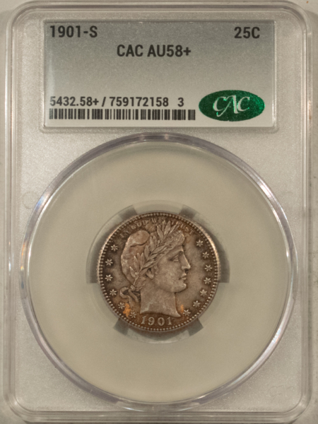 Barber Quarters UNIQUE 1901-S BARBER QUARTER, CACG AU-58+, THE RAREST 20TH CENTURY SILVER COIN!