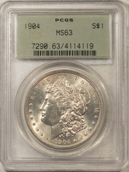Dollars 1904 $1 MORGAN DOLLAR – PCGS MS-63, OLD GREEN HOLDER & PREMIUM QUALITY!
