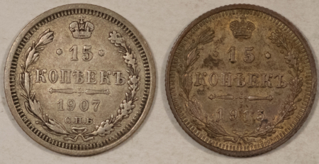 New Store Items 1907 1915 RUSSIA SILVER 15 KOPEKS, LOT/2, Y-21a.2 – NICE HIGH GRADE EXAMPLE!