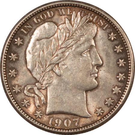 Barber Halves 1907-D BARBER HALF DOLLAR – HIGH GRADE NEARLY UNCIRCULATED, LOOKS CHOICE!