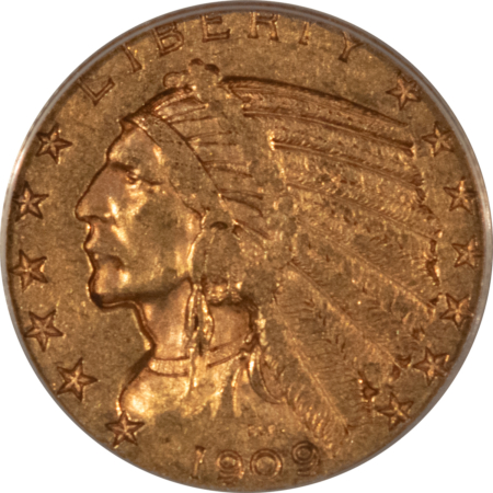 $5 1909 $5 INDIAN GOLD HALF EAGLE – ANACS AU-50