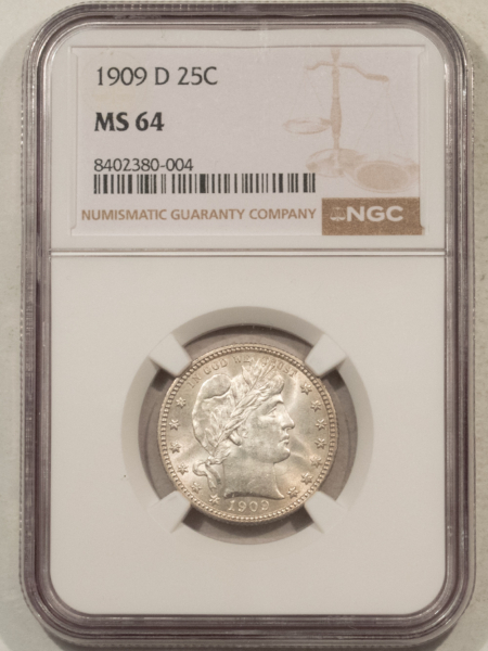 Barber Quarters 1909-D BARBER QUARTER – NGC MS-64, FRESH & LUSTROUS! WHITE!