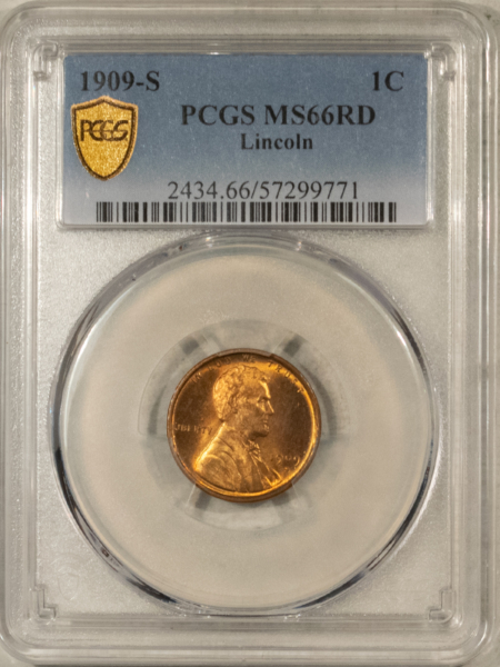 Lincoln Cents (Wheat) 1909-S LINCOLN CENT – PCGS MS-66 RD, SUPERB FIERY RED SPOT-FREE GEM!