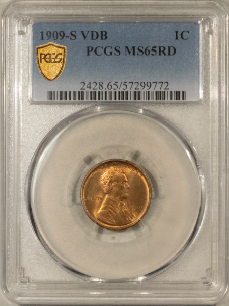 Lincoln Cents (Wheat) 1909-S VDB LINCOLN CENT – PCGS MS-65 RD, SUPERB RED GEM! KEY-DATE!