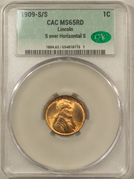 CAC Approved Coins 1909-S/S LINCOLN CENT, S OVER HORIZONTAL S – CACG MS-65 RD, PQ RED GEM, CAC!