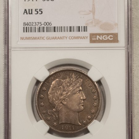 Barber Halves 1911 BARBER HALF DOLLAR – NGC AU-55, ORIGINAL!