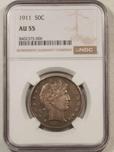 Barber Halves 1911 BARBER HALF DOLLAR – NGC AU-55, ORIGINAL!