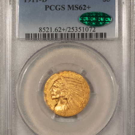 New Store Items 1911-D $5 INDIAN GOLD HALF EAGLE – PCGS MS-62+ CAC APPROVED! RARE KEY-DATE & PQ!