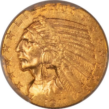 $5 1911-D $5 INDIAN GOLD HALF EAGLE – PCGS MS-62+ CAC APPROVED! RARE KEY-DATE & PQ!