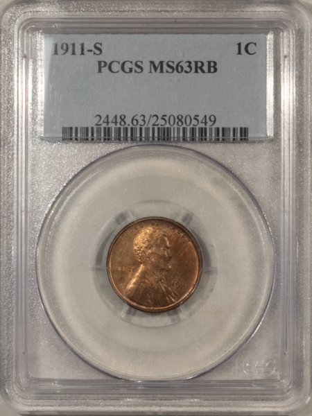 Lincoln Cents (Wheat) 1911-S LINCOLN CENT – PCGS MS-63 RB, CHOICE!