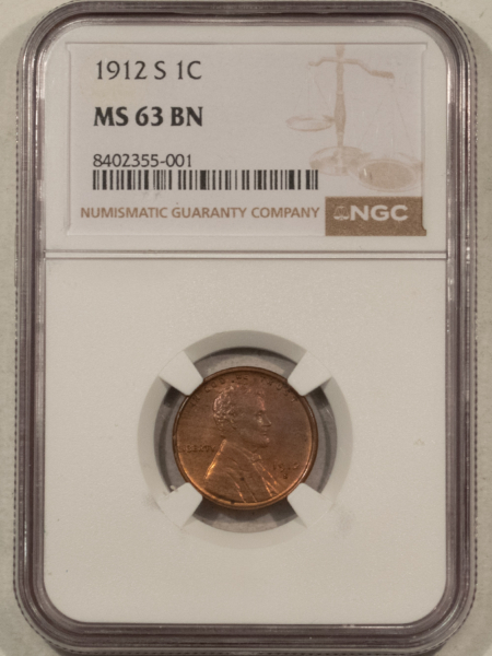 Lincoln Cents (Wheat) 1912-S LINCOLN CENT – NGC MS-63 BN, LOOKS RB!