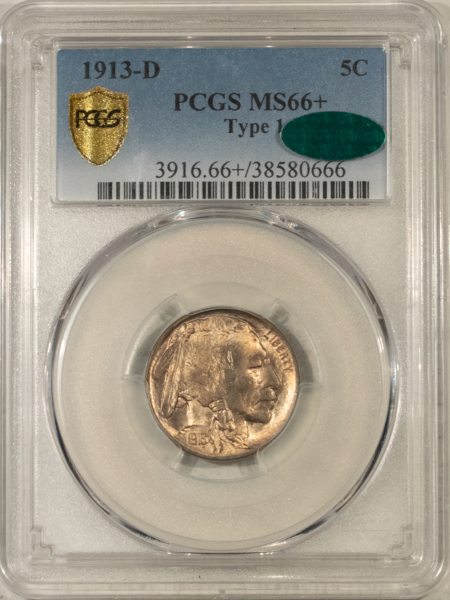 Buffalo Nickels 1913-D BUFFALO NICKEL, TYPE 1 – PCGS MS-66+ CAC, PQ & SUPERB!
