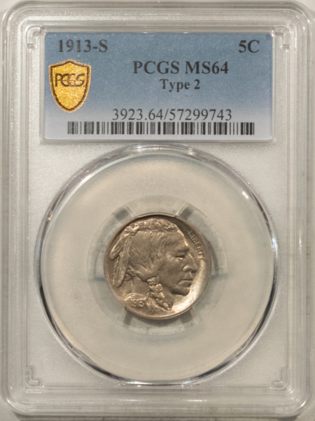 Buffalo Nickels 1913-S BUFFALO NICKEL TY 2 – PCGS MS-64, FRESH KEY-DATE!
