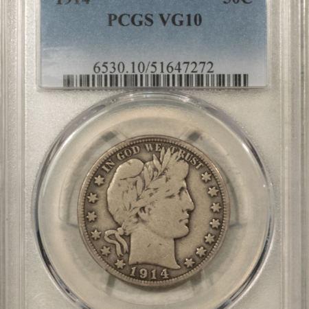 Barber Halves 1914 BARBER HALF DOLLAR – PCGS VG-10, NICE ORIGINAL KEY-DATE!