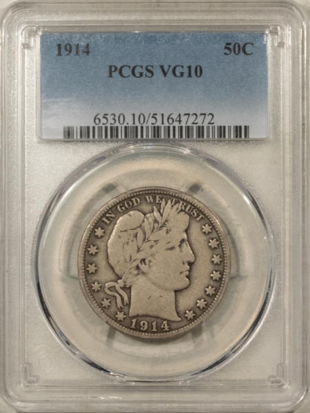 Barber Halves 1914 BARBER HALF DOLLAR – PCGS VG-10, NICE ORIGINAL KEY-DATE!