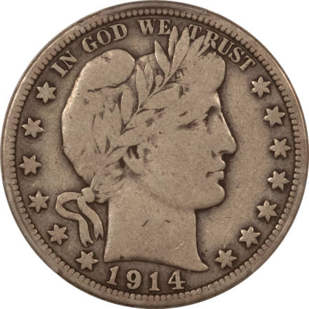 Barber Halves 1914 BARBER HALF DOLLAR – PCGS VG-10, NICE ORIGINAL KEY-DATE!