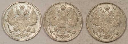 New Store Items 1915 X2 1916 RUSSIA SILVER 15 KOPEKS, LOT/3, Y-21a.3 – FRESH UNCIRCULATED!