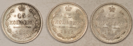 New Store Items 1915 X2 1916 RUSSIA SILVER 15 KOPEKS, LOT/3, Y-21a.3 – FRESH UNCIRCULATED!
