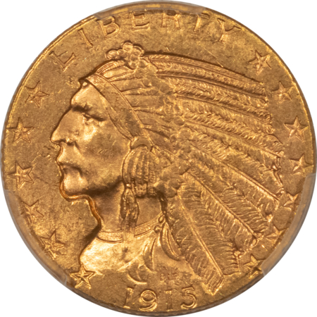 $5 1915 $5 INDIAN GOLD HALF EAGLE – PCGS MS-64, FROM A FRESH PAIR! BETTER DATE!