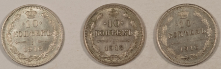 New Store Items 1916 RUSSIA SILVER 10 KOPEKS, LOT/3, Y-20a.3 – NICE FRESH AU+/UNC