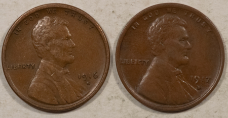 Lincoln Cents (Wheat) 1916-S & 1917-D LINCOLN CENTS LOT/2 – NICE SMOOTH BROWN HIGH GRADE CIRC EXAMPLES
