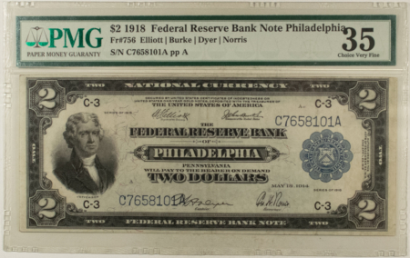 Large Federal Reserve Notes 1918 $2 FEDERAL RESERVE NOTE “BATTLESHIP”, PHILADELPHIA, FR-756, PMG CH VF-35!