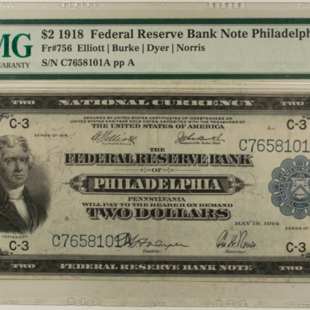 New Store Items 1918 $2 FEDERAL RESERVE NOTE “BATTLESHIP”, PHILADELPHIA, FR-756, PMG CH VF-35!