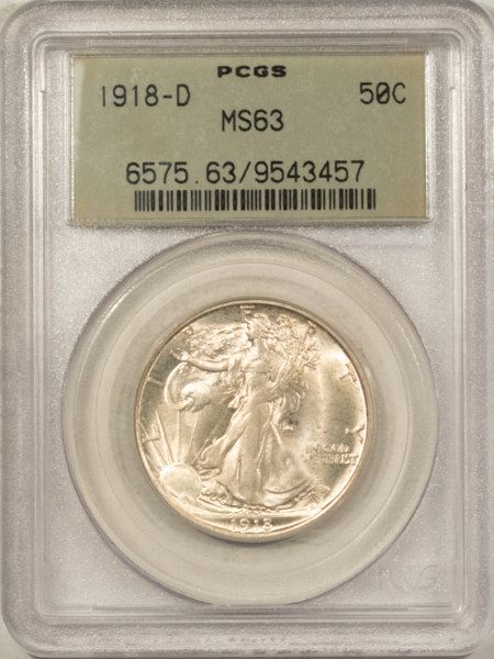 Half Dollars 1918-D WALKING LIBERTY HALF DOLLAR PCGS MS-63 OLD GREEN HOLDER, PREMIUM QUALITY!