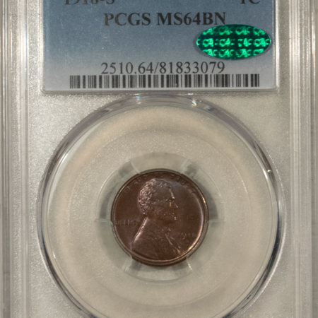 CAC Approved Coins 1918-S LINCOLN CENT – PCGS MS-64 BN, PRETTY, PREMIUM QUALITY & CAC APPROVED!