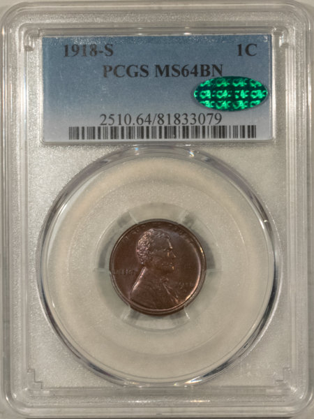 CAC Approved Coins 1918-S LINCOLN CENT – PCGS MS-64 BN, PRETTY, PREMIUM QUALITY & CAC APPROVED!